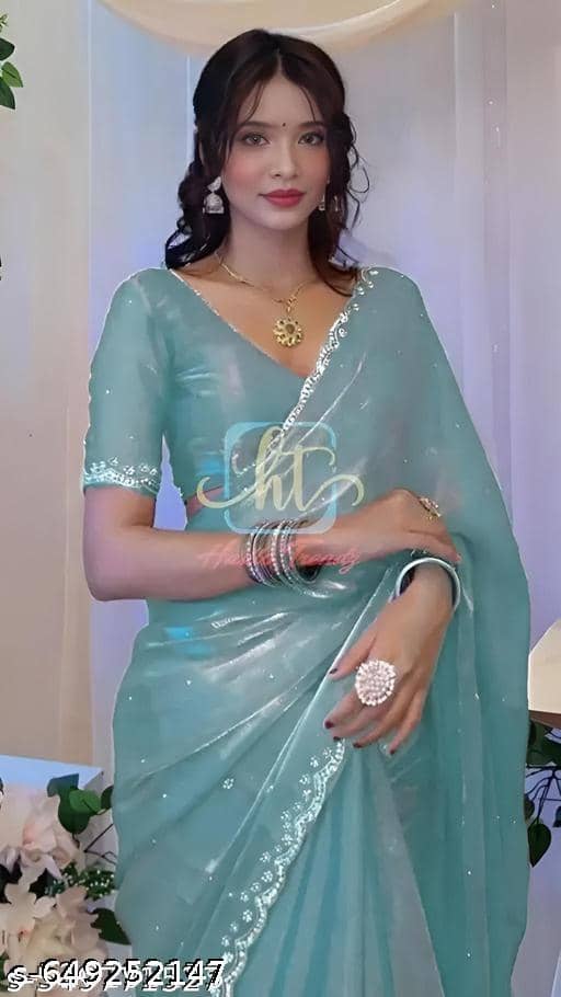 Shivadit ethnic JImmy Choo Applique Regular Saree With Unstitched Blouse Piece ( Blue ) - Sarees | Buy online on ZillyBuy