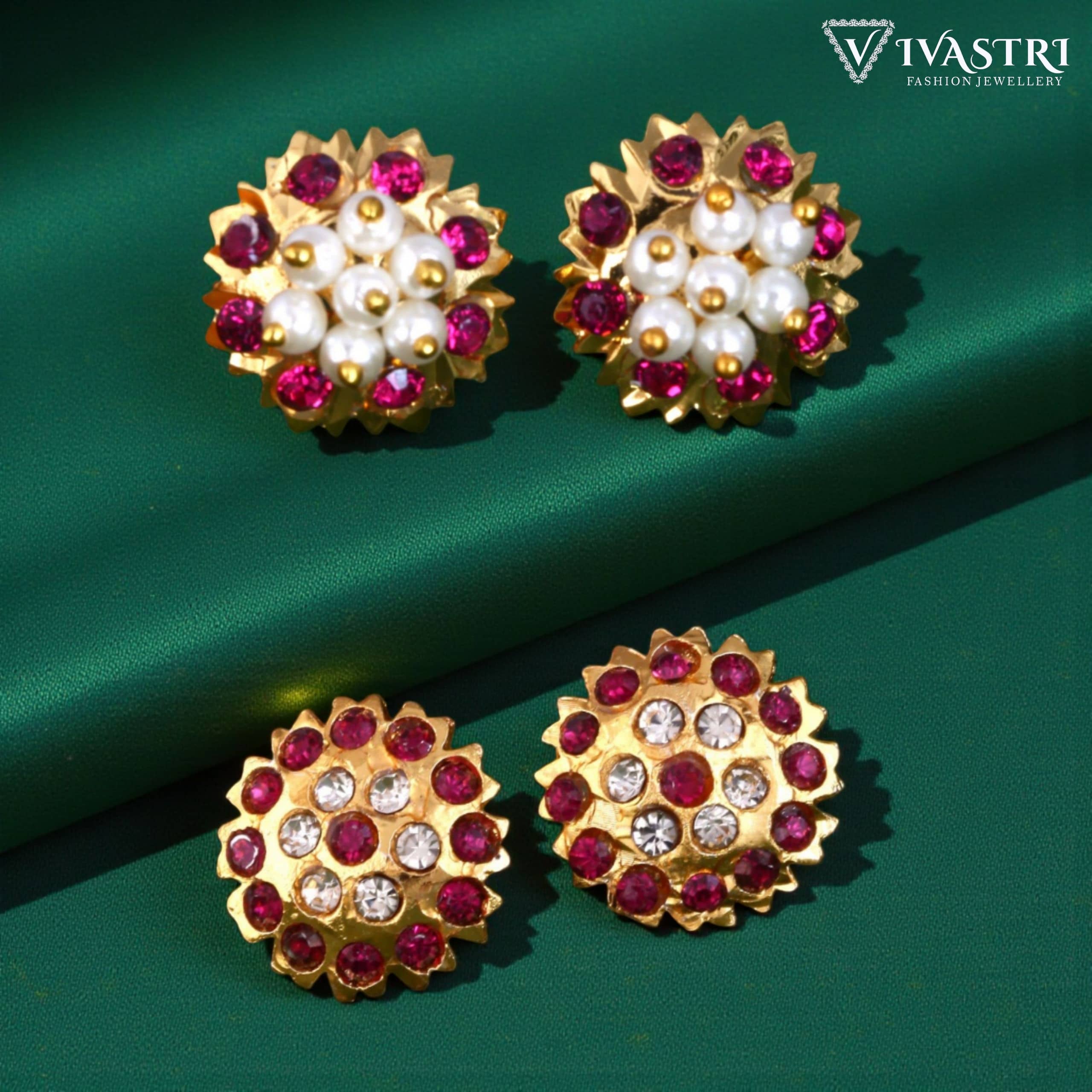 VIVASTRI Golden Stud Earrings ( Pack of 2 ) - Earrings | Buy online on ZillyBuy