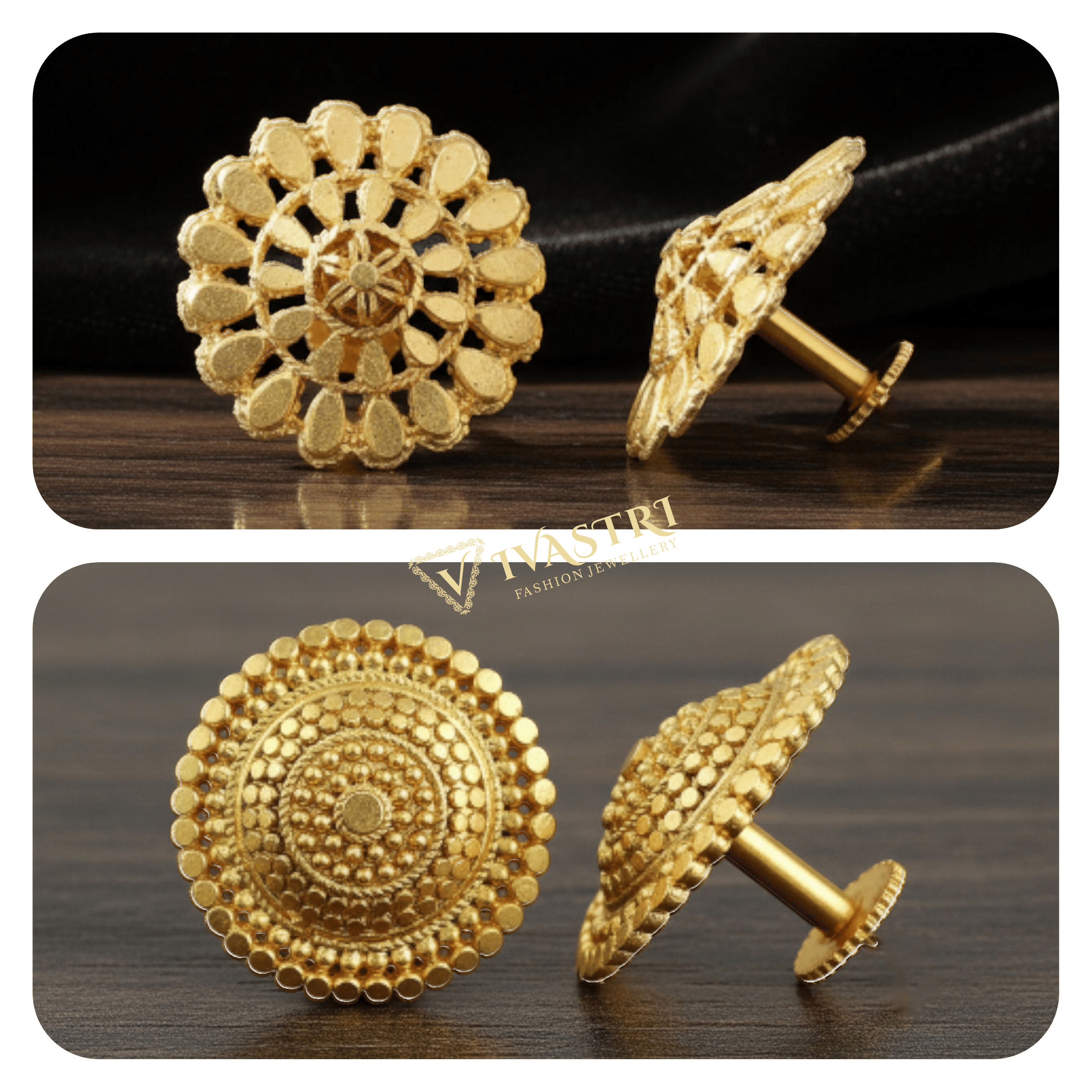VIVASTRI Golden Stud Earrings ( Pack of 2 ) - Earrings | Buy online on ZillyBuy