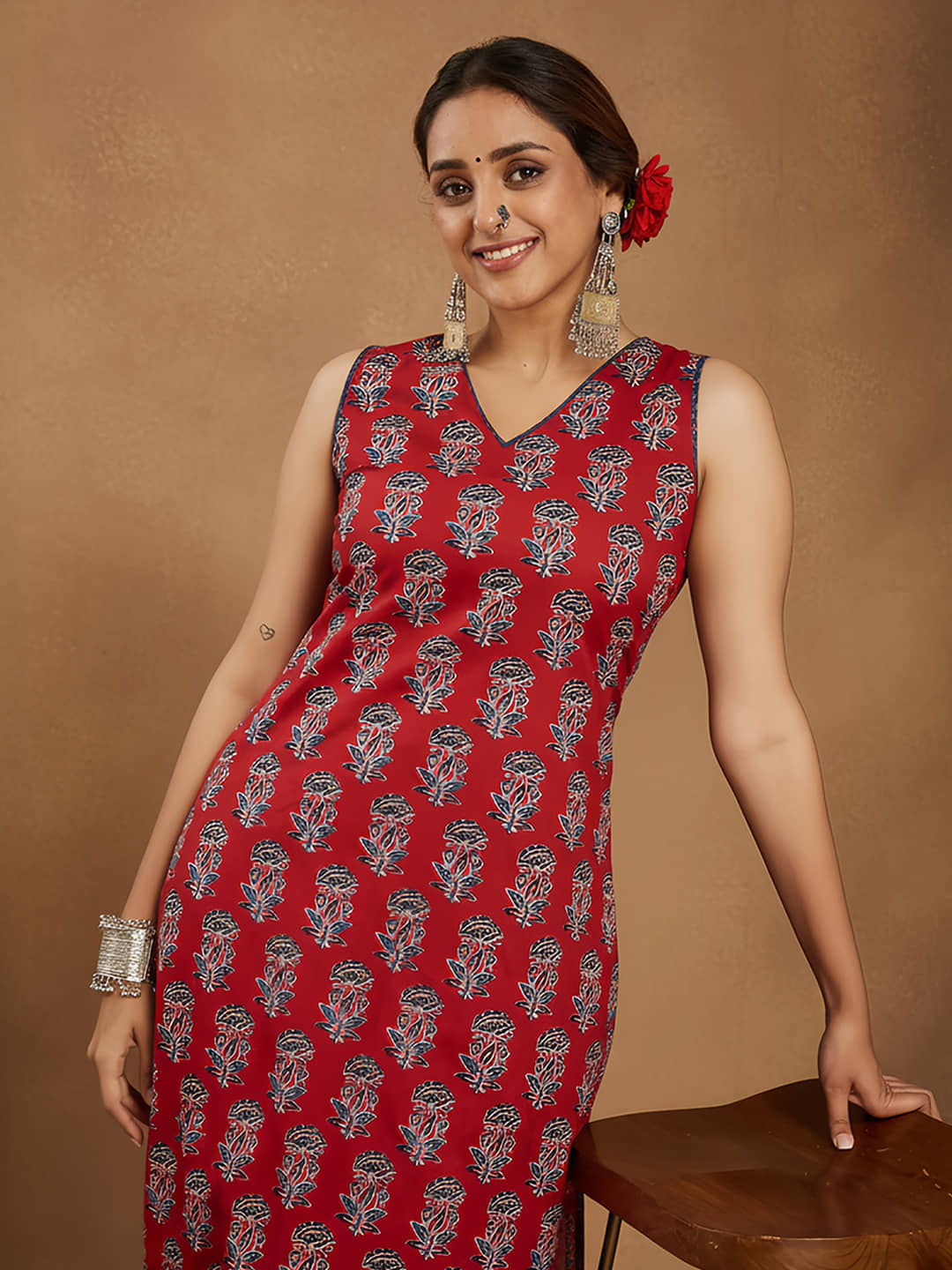 Janasya Women Cotton Printed Straight Kurti With Pants ( Maroon )