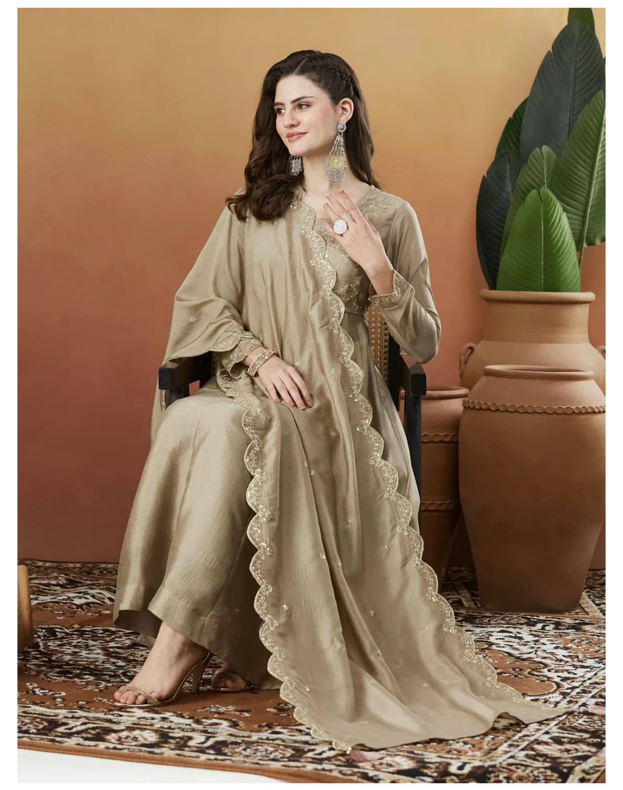 Mahek Fashion Women Silk Blend Embroidered Anarkali Kurti With Pants ( Khaki )
