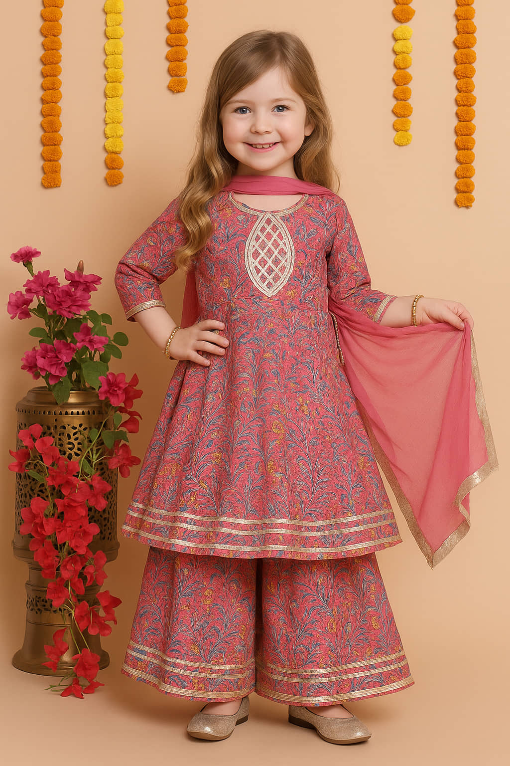 Arshia Fashions Girls Cotton Blend Kurti with Sharara ( Pack of 1 , Pink )