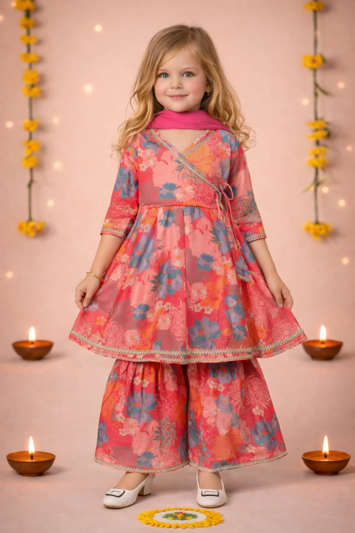Arshia Fashions Girls Cotton Blend Kurti with Sharara ( Pack of 1 , Pink )