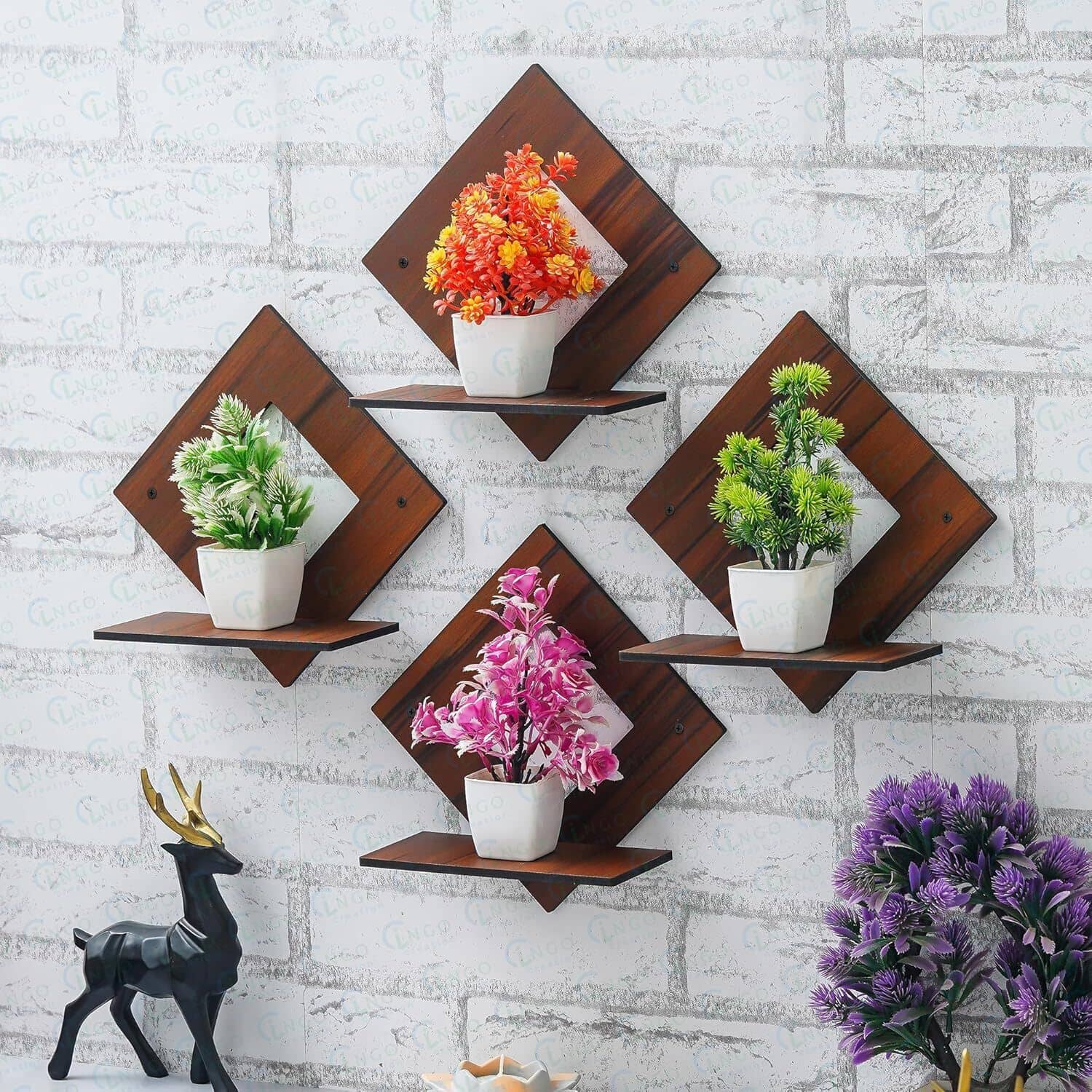 Pot Stand Set of 4 Pieces Decorative Wooden Wall Hanging Wooden Wall Shelf