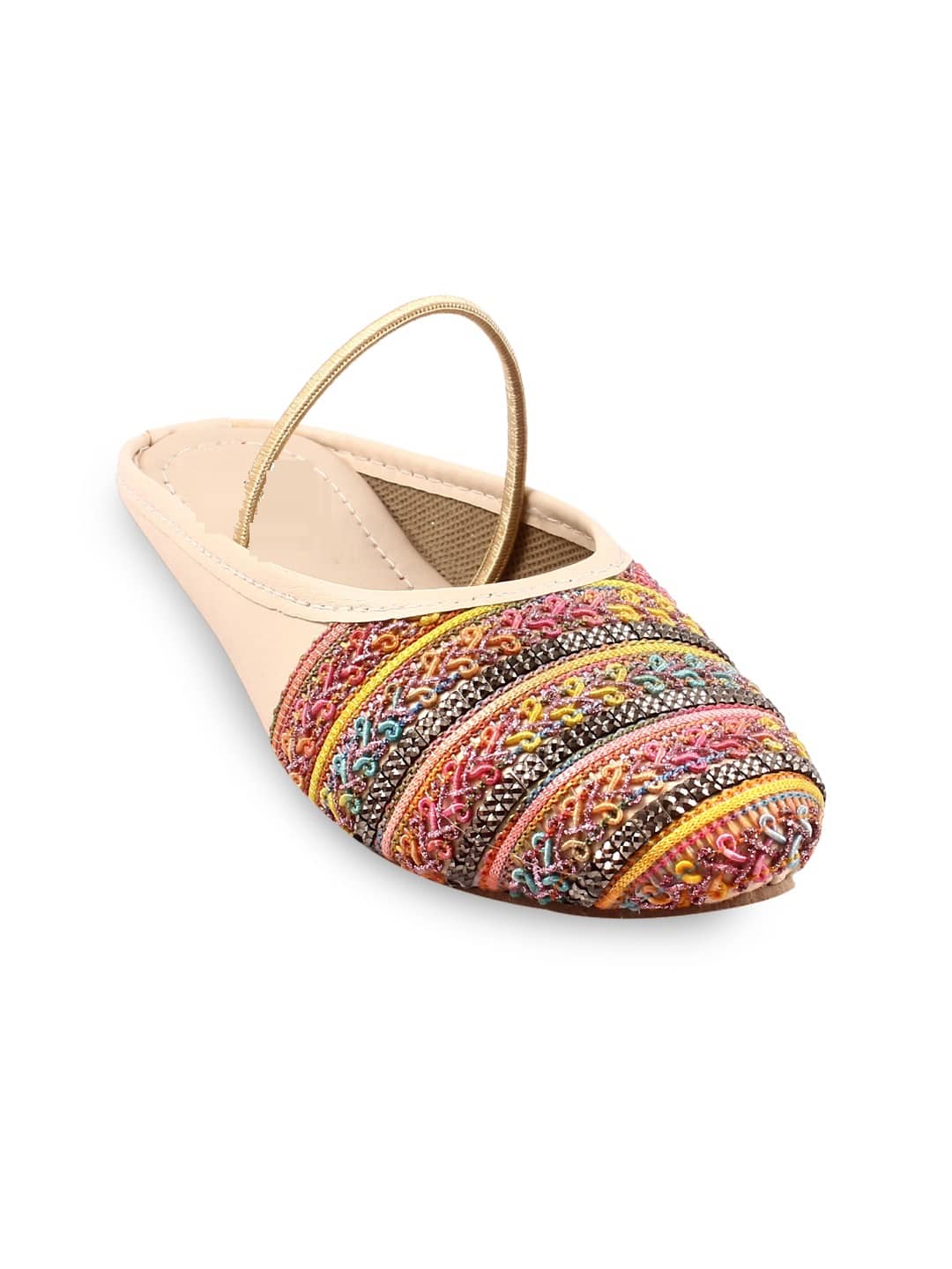 Anjaneya Creations Girls Cream Embroidered Ethnic Mules with Back Strap - Multi-Color Thread & Stone Work Juttis