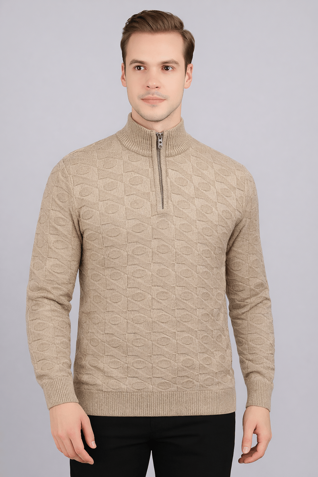FEVERFEW Woollen High Neck Men's Full Sleeves Pullover - Beige ( Pack of 1 )