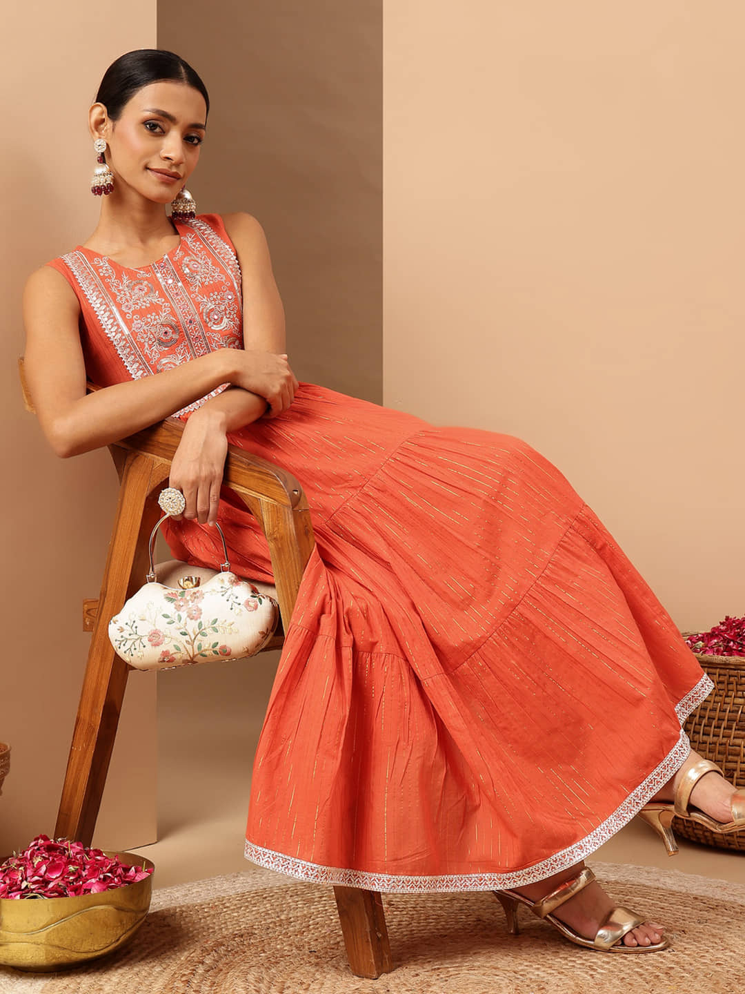 Janasya Women Cotton Embroidered Tiered Kurti ( Orange ) - Kurtis, Tunics | Buy online on ZillyBuy