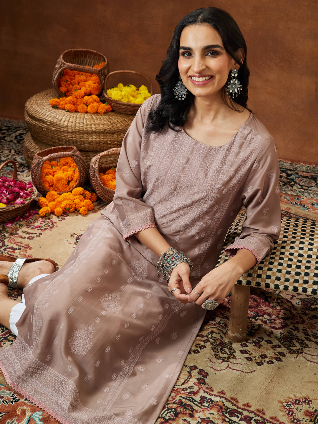 Janasya Women Silk Blend Printed Straight Kurti ( Brown ) - Kurtis, Tunics | Buy online on ZillyBuy