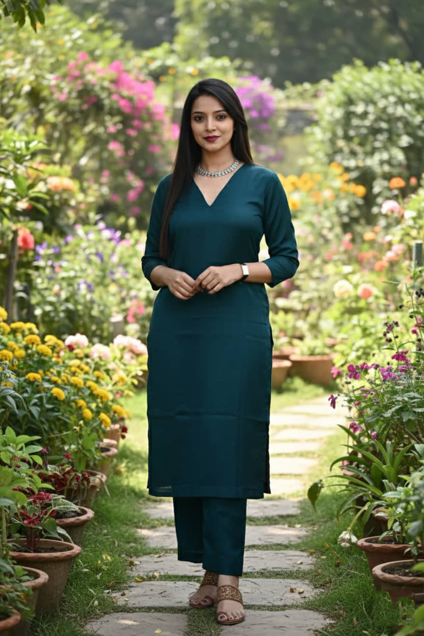Nirja Fab Women Rayon Solid Straight Kurti With Pants ( Teal )