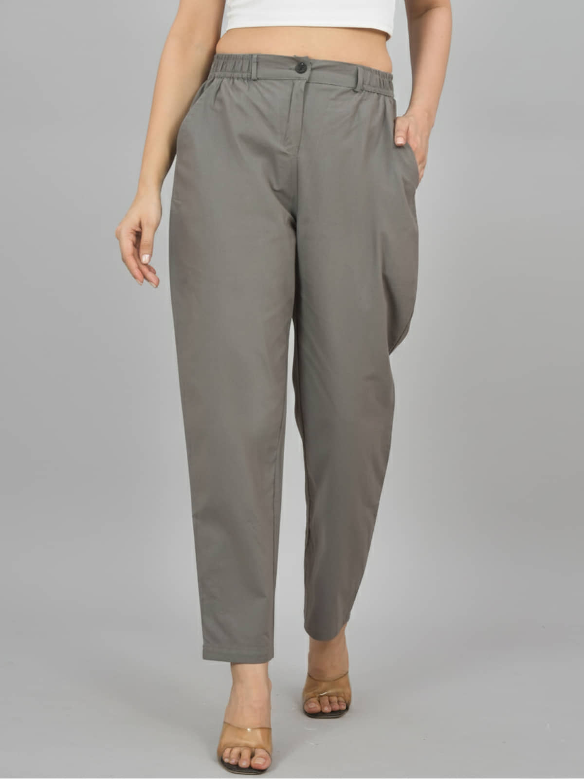 QuaClo Women Cotton Blend Casual Trousers ( Grey ) - Trousers | Buy online on ZillyBuy