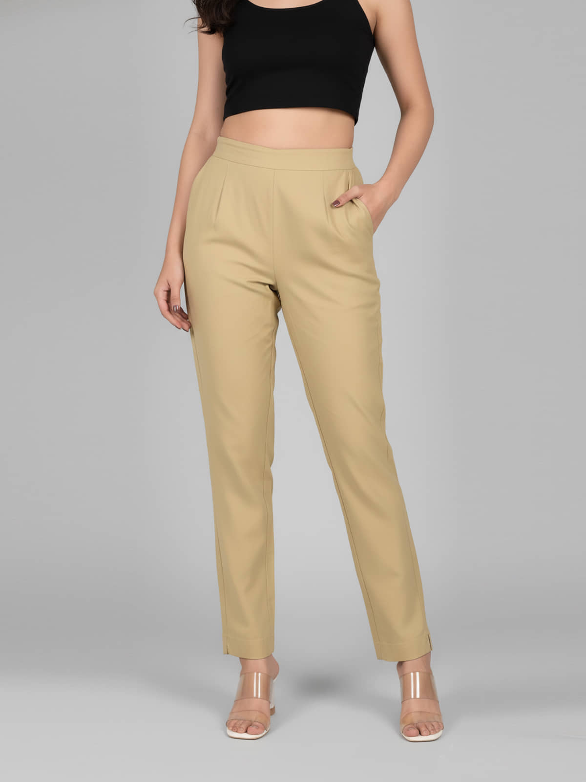 QuaClo Women Cotton Blend Casual Trousers ( Beige ) - Trousers | Buy online on ZillyBuy