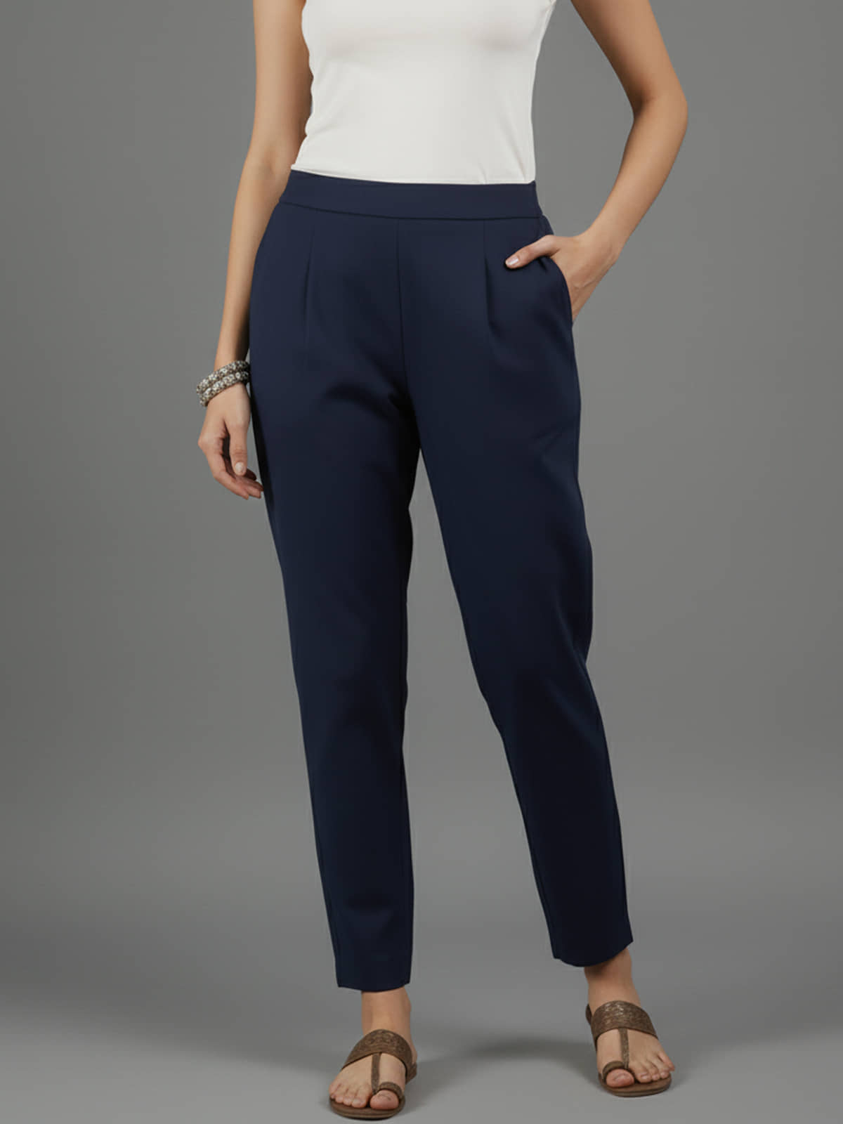 QuaClo Women Cotton Blend Casual Trousers ( Navy Blue ) - Trousers | Buy online on ZillyBuy