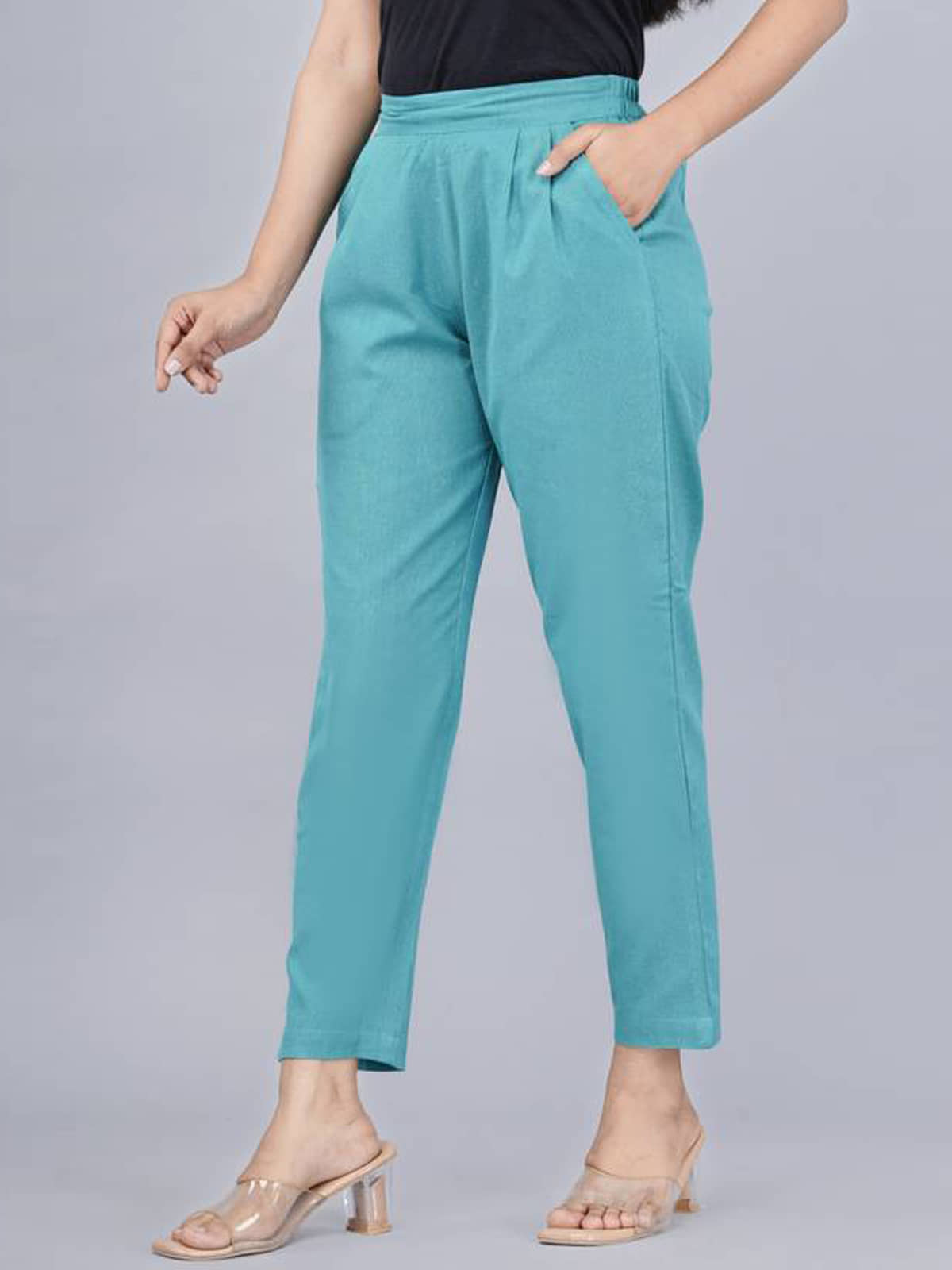QuaClo Women Cotton Blend Casual Trousers ( Sea Green ) - Trousers | Buy online on ZillyBuy