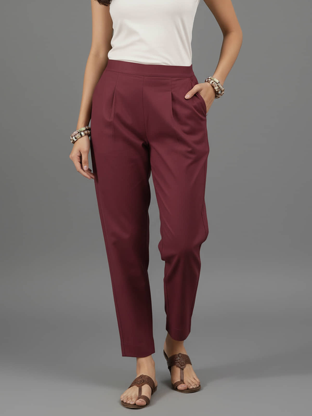 QuaClo Women Cotton Blend Casual Trousers ( Wine ) - Trousers | Buy online on ZillyBuy