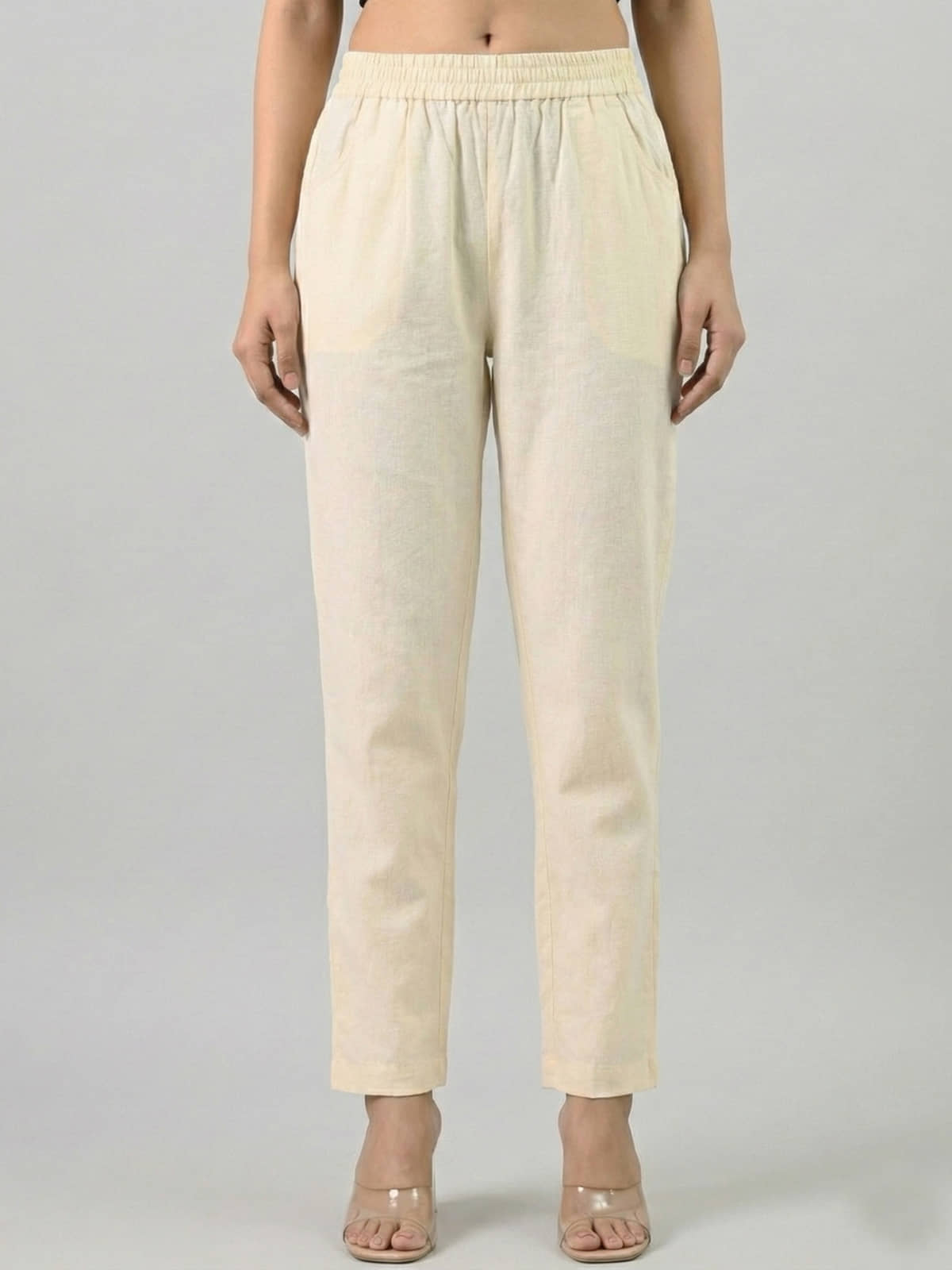 QuaClo Women Cotton Blend Casual Trousers ( Cream ) - Trousers | Buy online on ZillyBuy