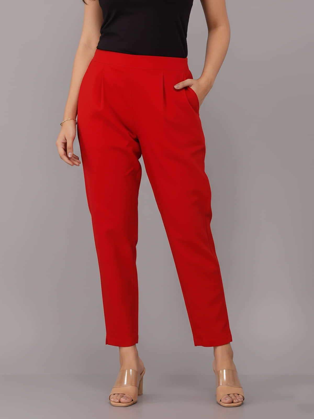 QuaClo Women Cotton Blend Formal Trousers ( Red ) - Trousers | Buy online on ZillyBuy