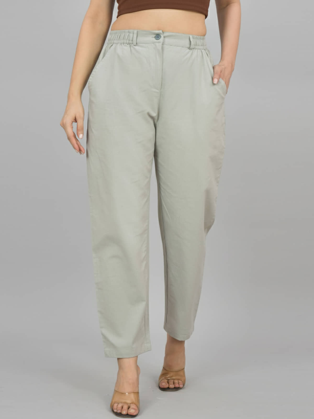 QuaClo Women Cotton Blend Formal Trousers ( Grey Melange ) - Trousers | Buy online on ZillyBuy