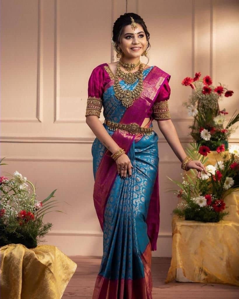 fab woven Art Silk Woven Design Banarasi saree With Unstitched Blouse Piece ( Teal ) - Sarees | Buy online on ZillyBuy