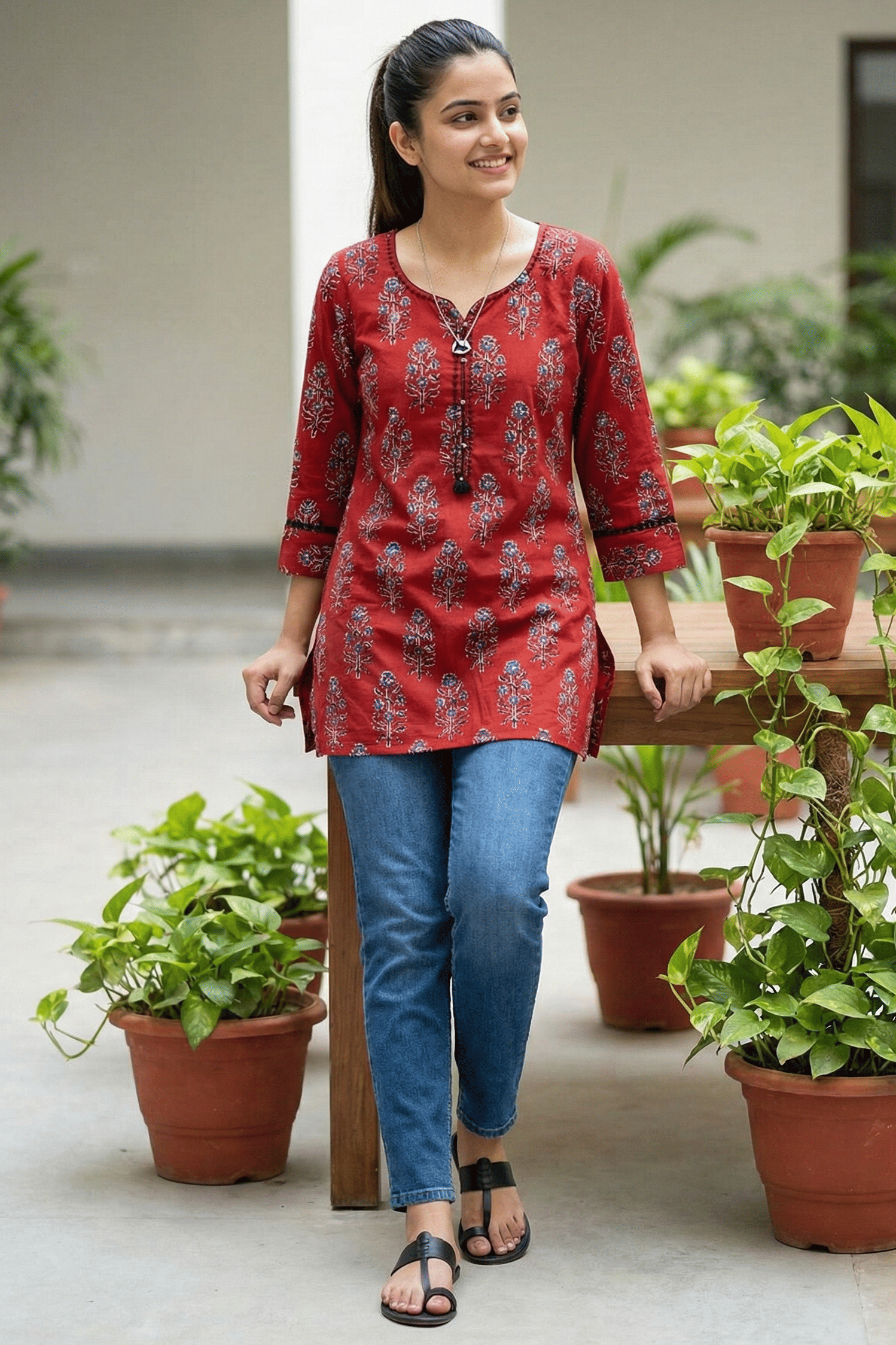 Rajnandini Women 100% Cotton Printed Straight Kurti ( Maroon ) - Kurtis, Tunics | Buy online on ZillyBuy