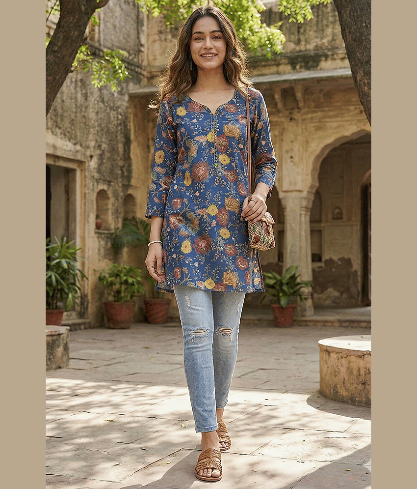 Wonder Weaves Women 100% Cotton Printed Straight Kurti ( Blue ) - Kurtis, Tunics | Buy online on ZillyBuy