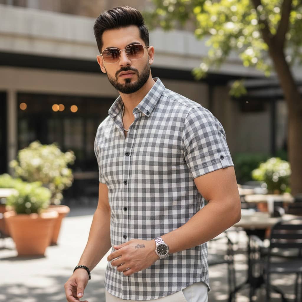 IQIVLI Cotton Blend Regular Fit Checks Half Sleeves Men's Casual Shirt - Grey ( Pack of 1 )