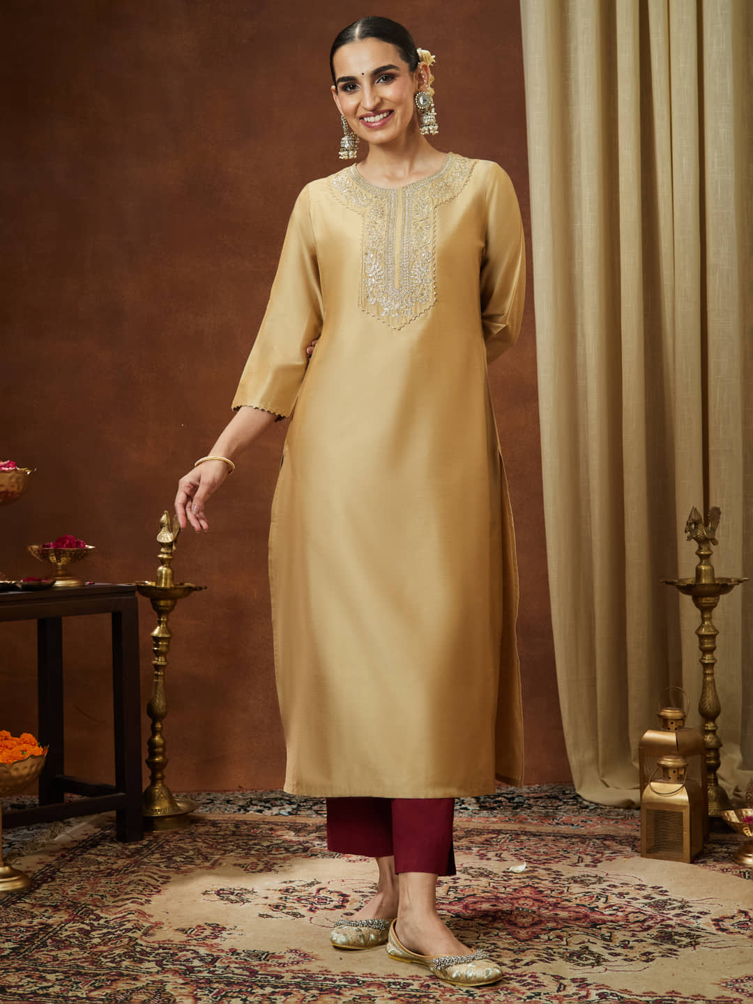 Janasya Women Chanderi Embroidered Straight Kurti ( Beige ) - Kurtis, Tunics | Buy online on ZillyBuy