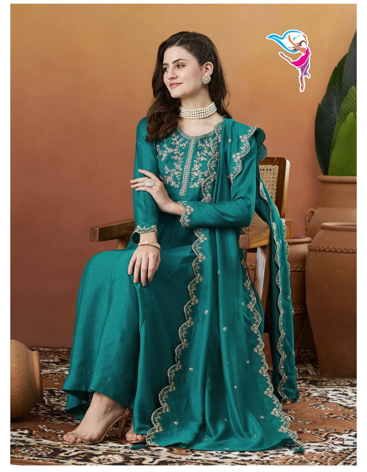Mahek Fashion Women Silk Blend Embroidered Anarkali Kurti With Pants ( Mint Green )