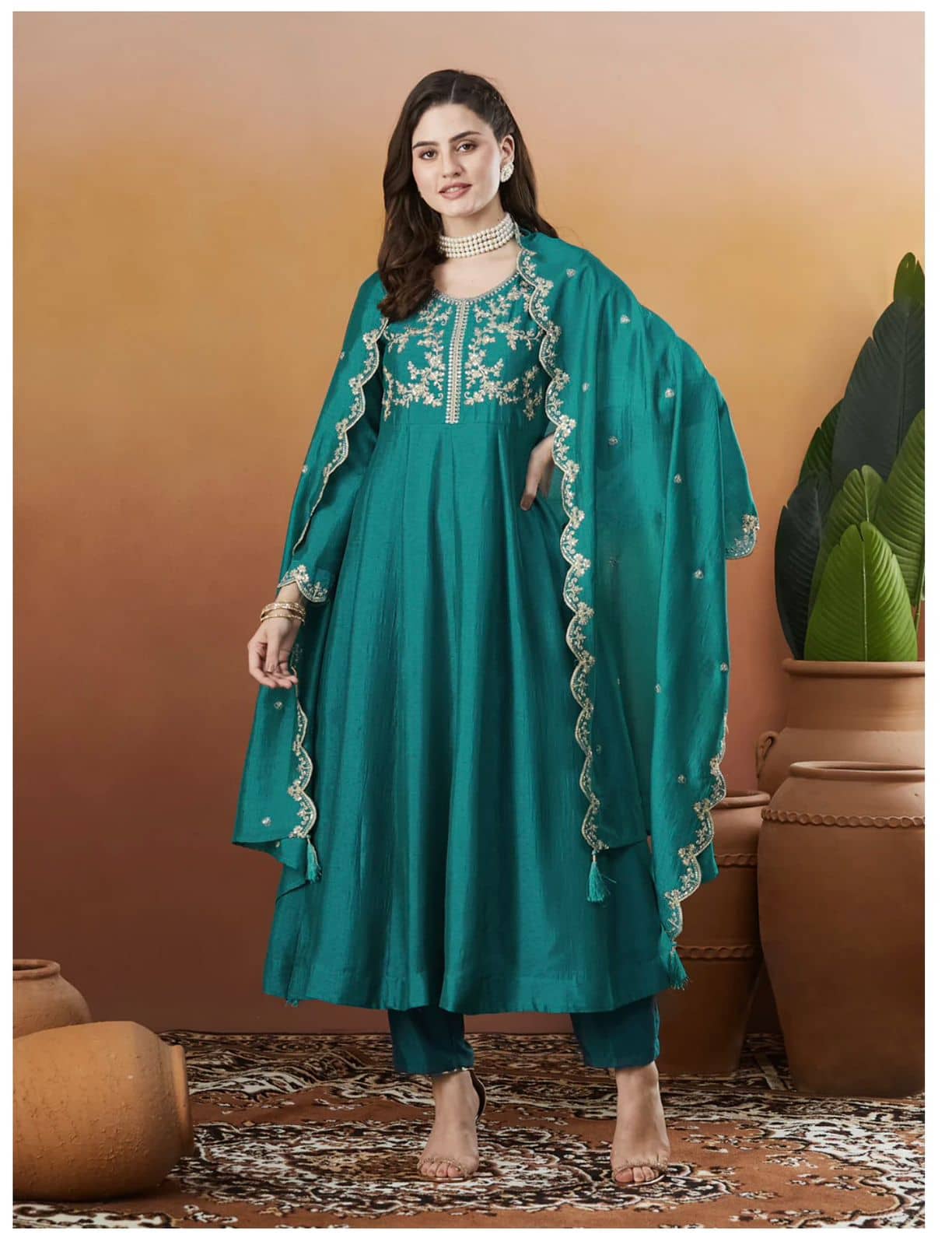 Mahek Fashion Women Silk Blend Embroidered Anarkali Kurti With Pants ( Mint Green )