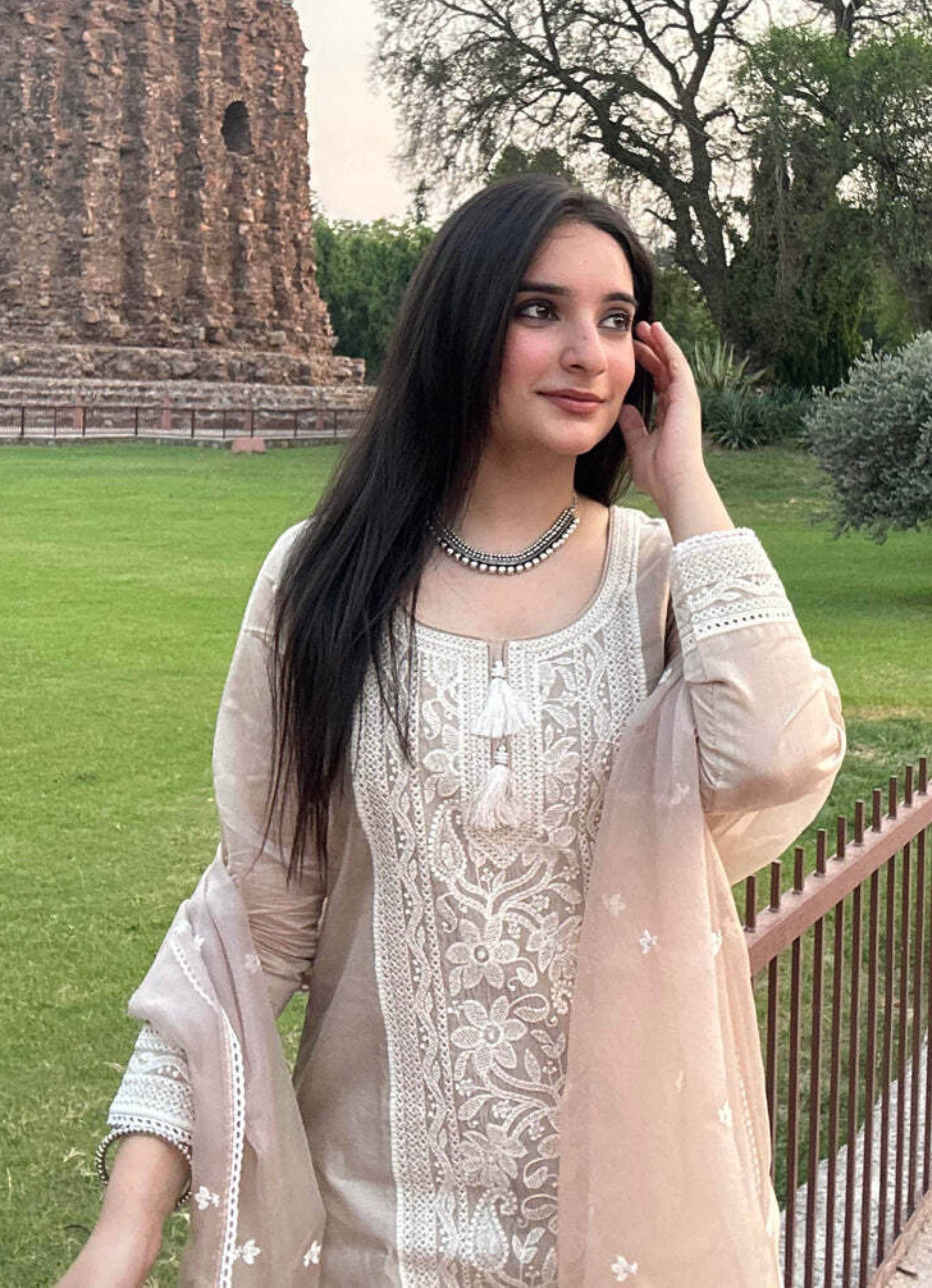 Royal Export Women Chanderi Embroidered Straight Kurti With Pants ( Beige )