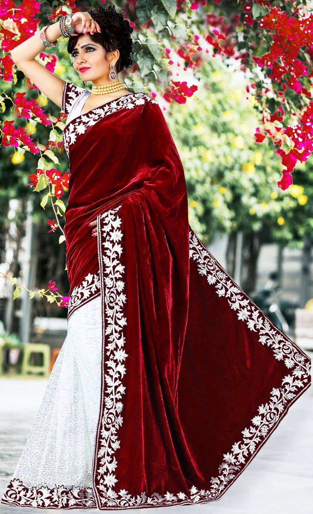 WXW Fashion Velvet Embroidered Regular Saree With Unstitched Blouse Piece ( Maroon ) - Sarees | Buy online on ZillyBuy