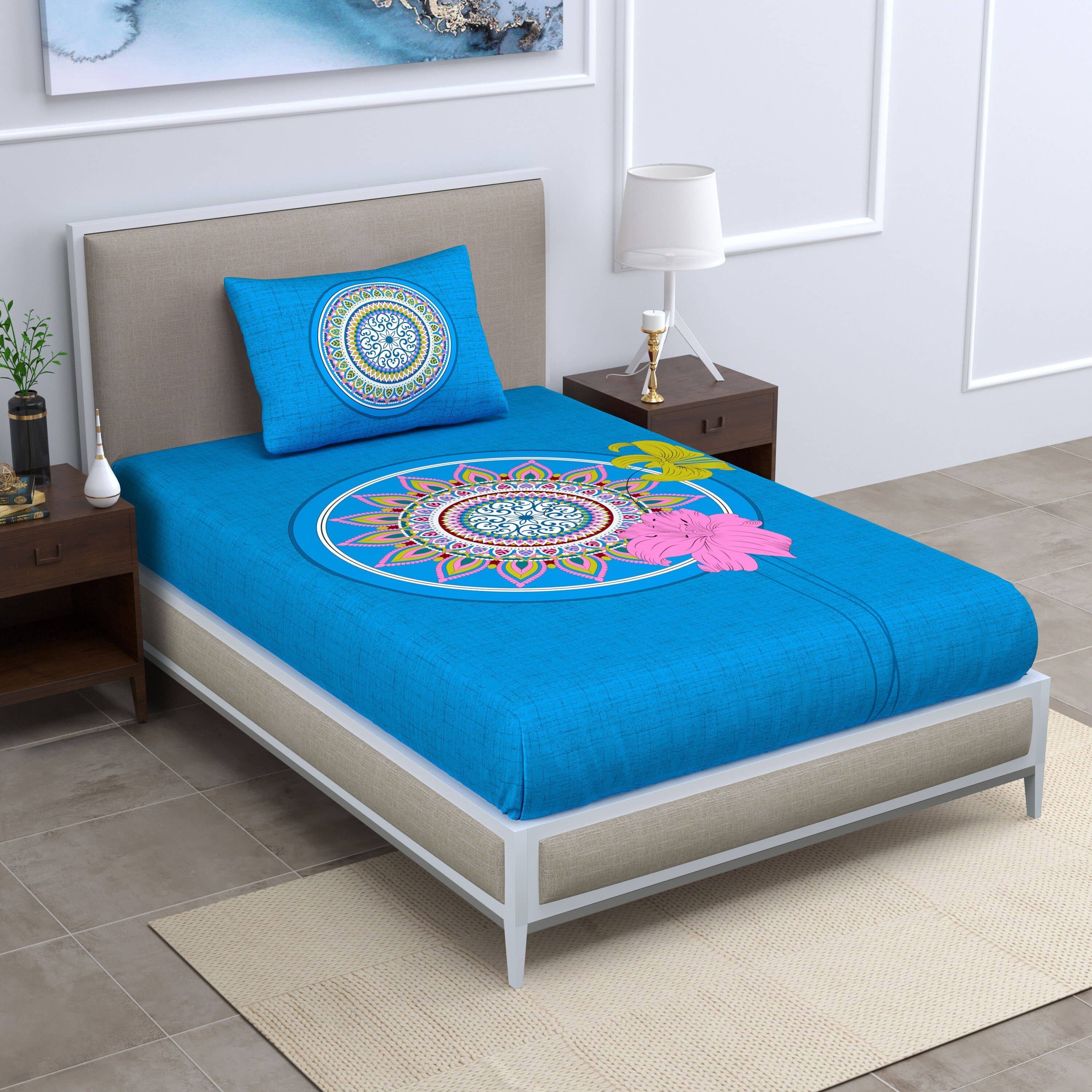 ABHACLOTHO Blue Cotton 1 Single Bedsheet with 1 Pillow Cover ( 215 cm x 150 cm )
