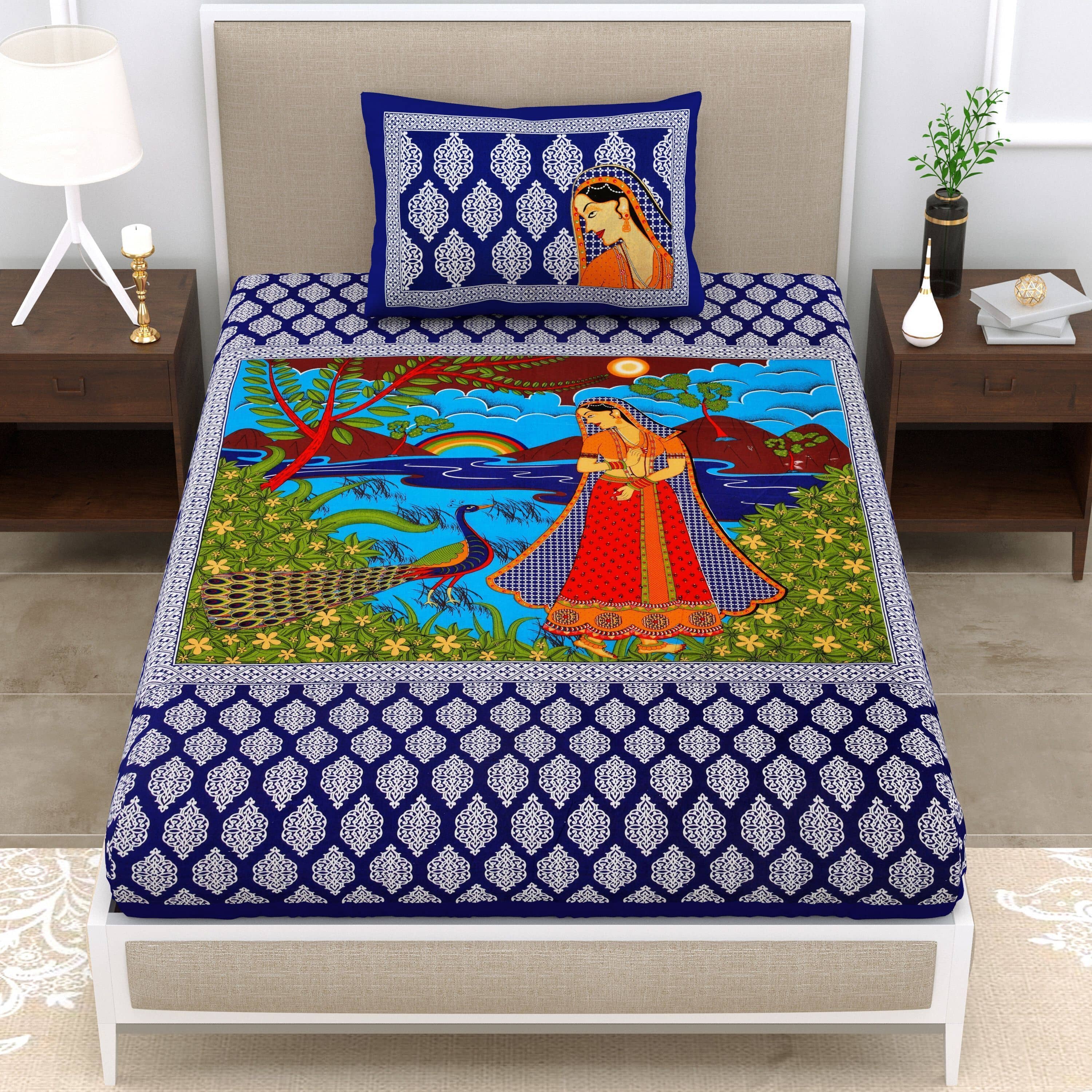 ABHACLOTHO Blue Cotton 1 Single Bedsheet with 1 Pillow Cover ( 215 cm x 150 cm )