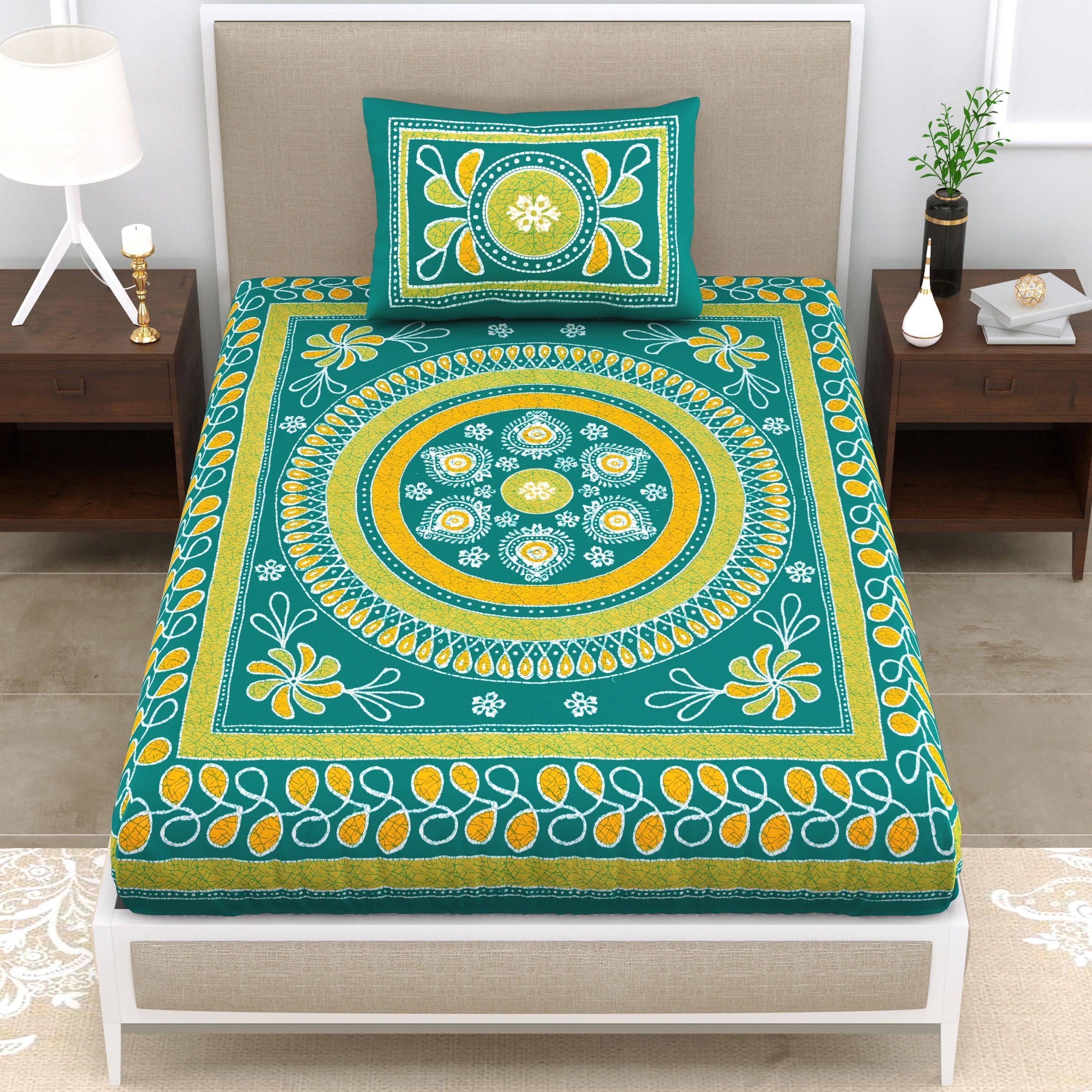 ABHACLOTHO Green Cotton 1 Single Bedsheet with 1 Pillow Cover ( 215 cm x 150 cm )
