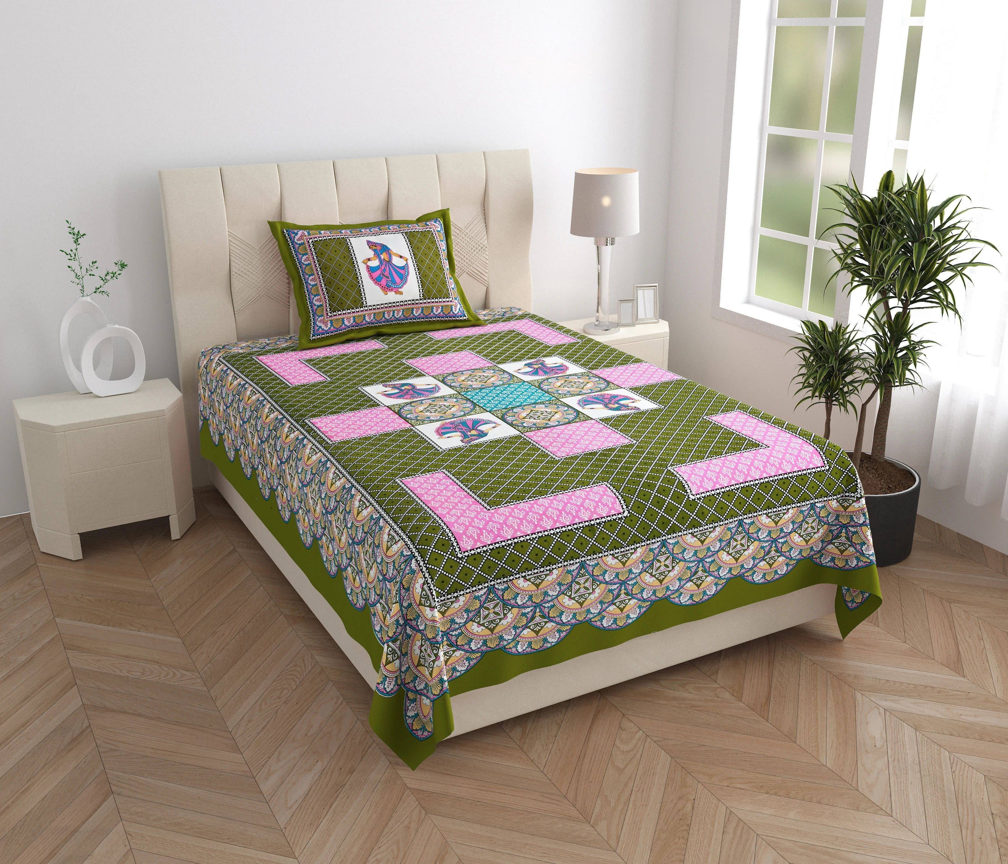 ABHACLOTHO Green Cotton 1 Single Bedsheet with 1 Pillow Cover ( 215 cm x 150 cm )