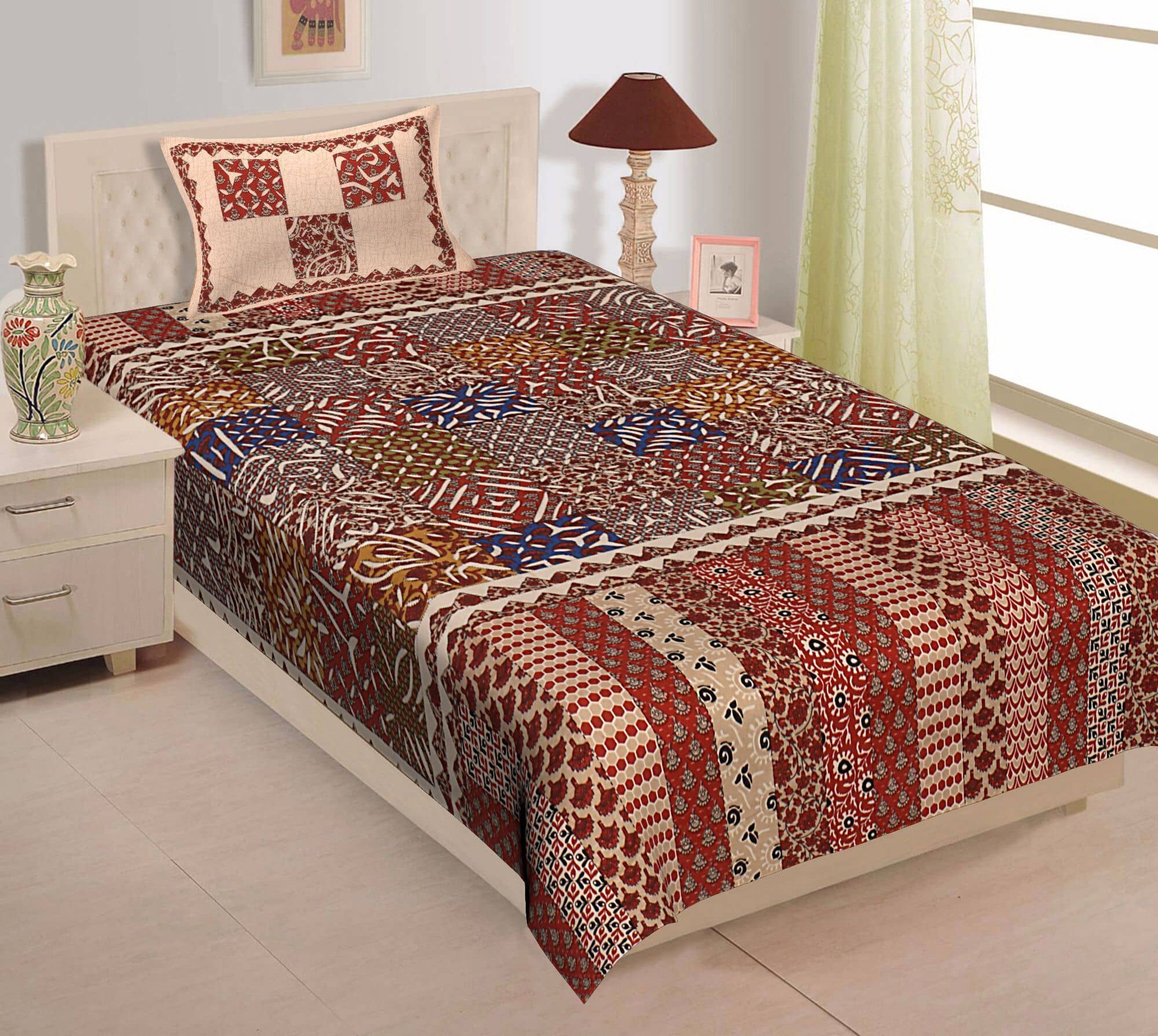 ABHACLOTHO Multicolor Cotton 1 Single Bedsheet with 1 Pillow Cover ( 215 cm x 150 cm )