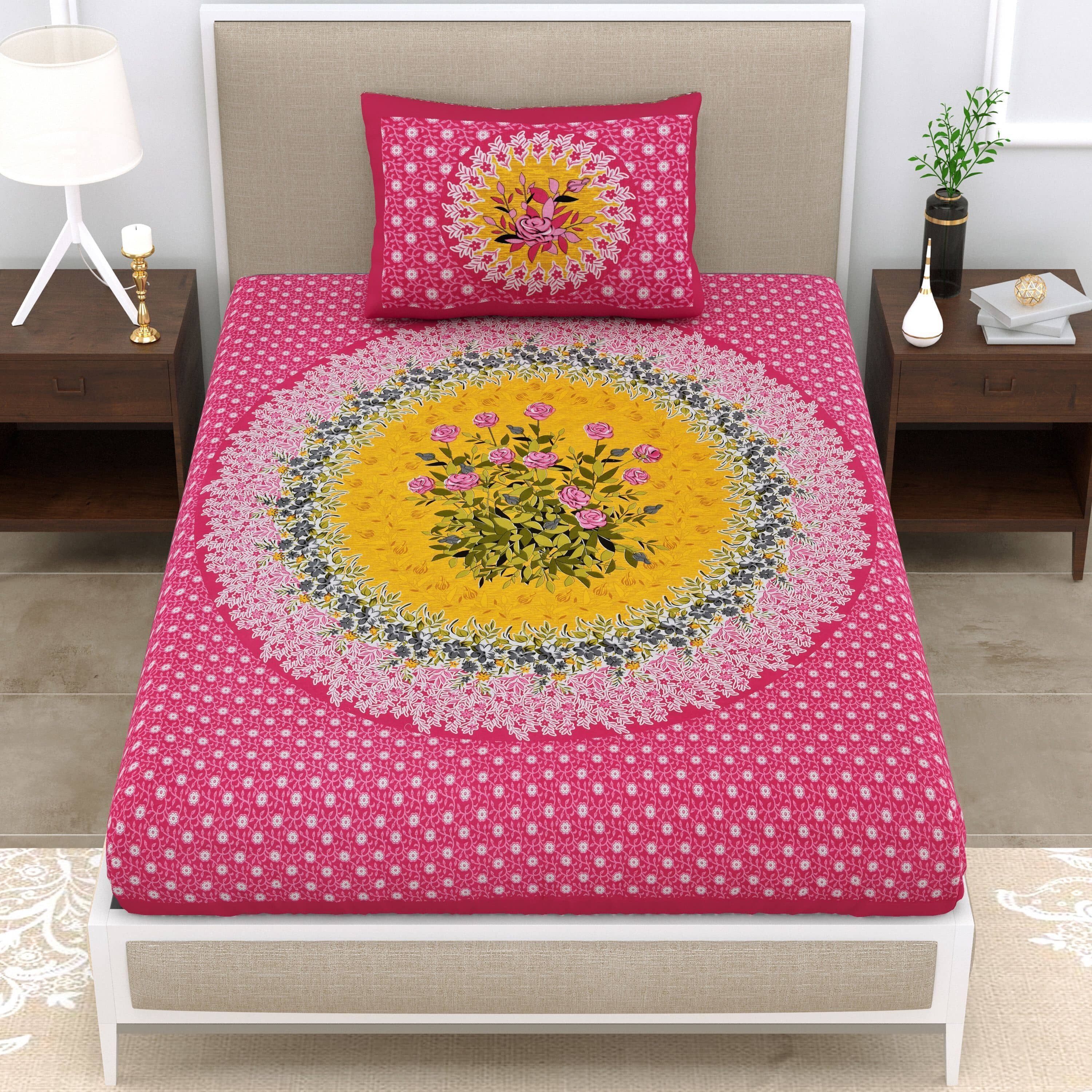 ABHACLOTHO Pink Cotton 1 Single Bedsheet with 1 Pillow Cover ( 215 cm x 150 cm )