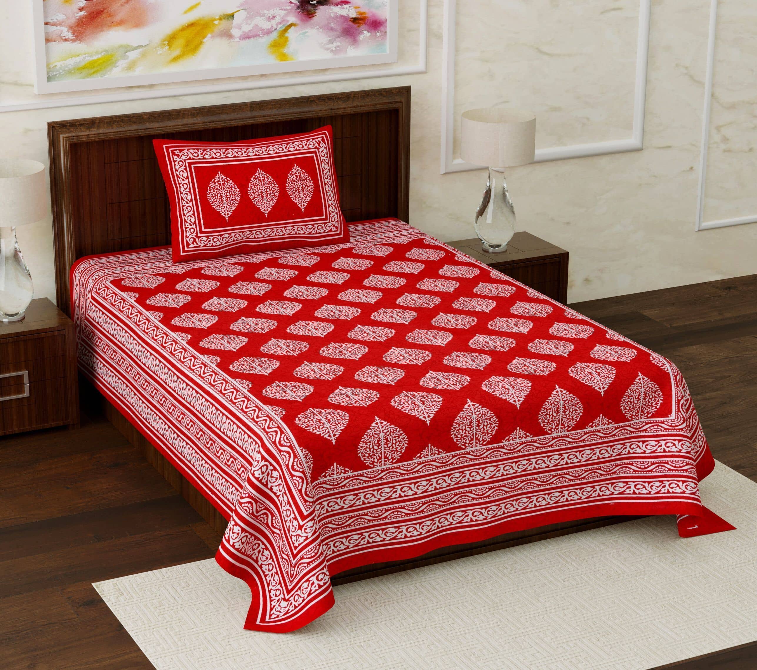 ABHACLOTHO Red Cotton 1 Single Bedsheet with 1 Pillow Cover ( 215 cm x 150 cm )