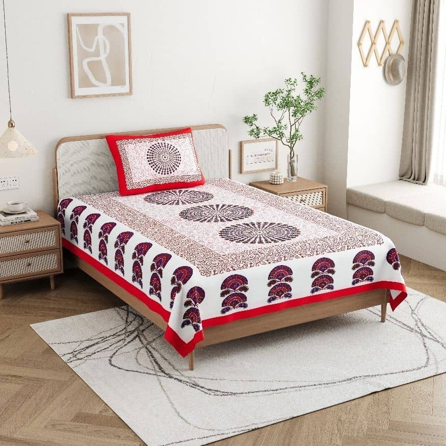 ABHACLOTHO Red Cotton 1 Single Bedsheet with 1 Pillow Cover ( 215 cm x 150 cm )