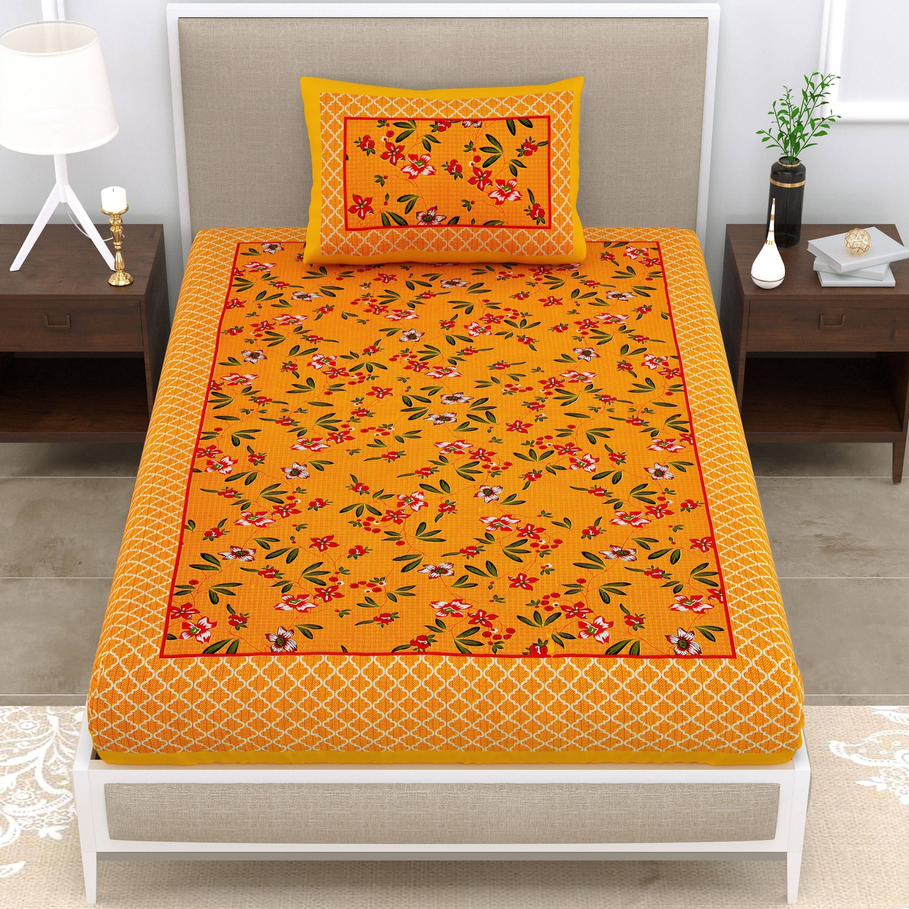 ABHACLOTHO Yellow Cotton 1 Single Bedsheet with 1 Pillow Cover ( 215 cm x 150 cm )