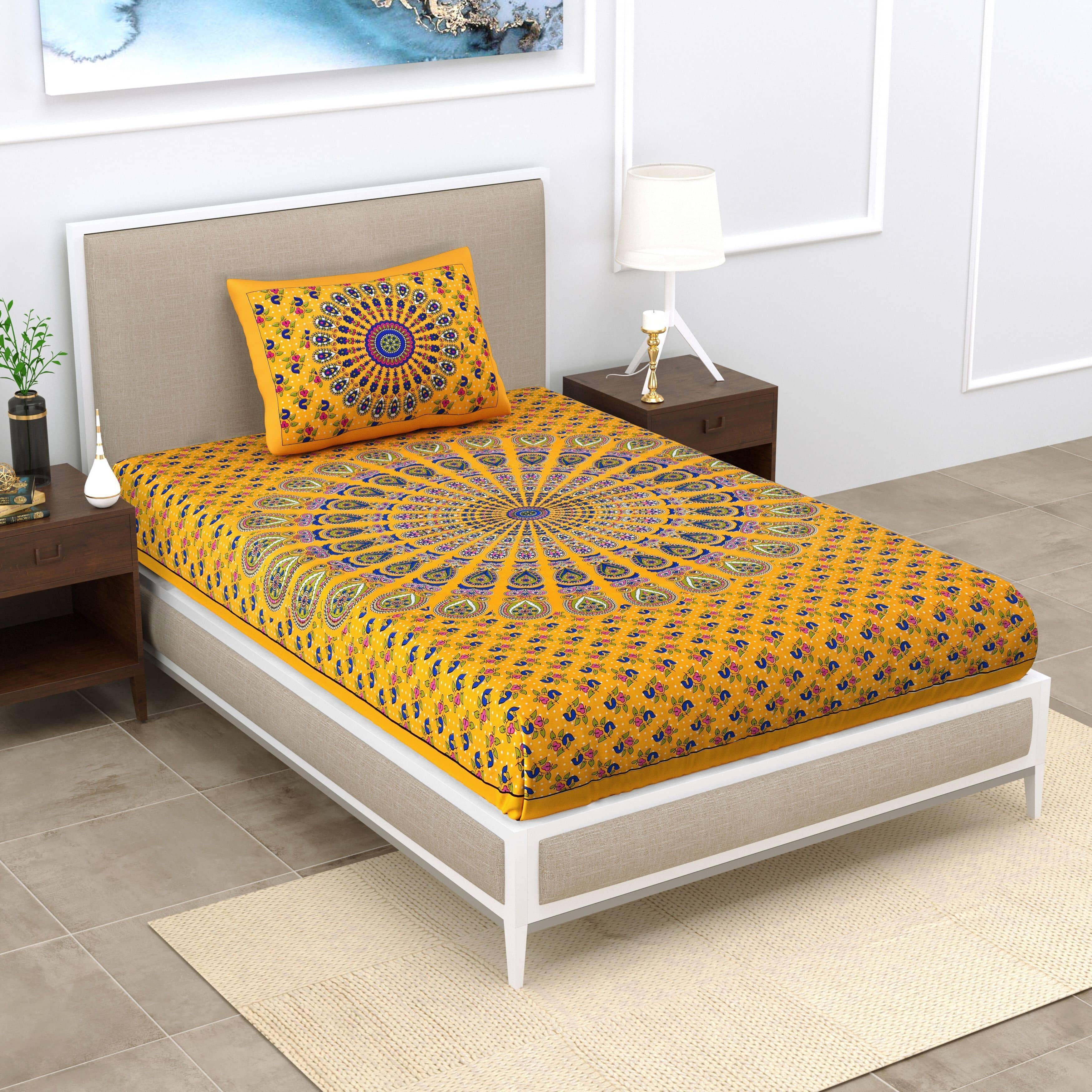 ABHACLOTHO Yellow Cotton 1 Single Bedsheet with 1 Pillow Cover ( 215 cm x 150 cm )