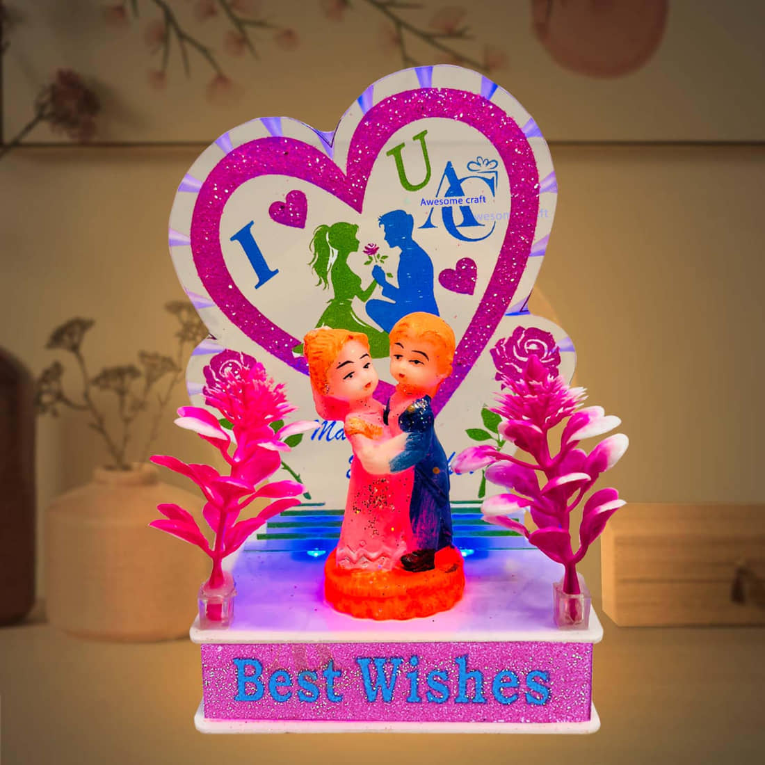 AWESOME CRAFT Romantic LED Couple Showpiece with Heart Design | RGB Color Changing Light | Best Wishes Table Decor | Valentine, Anniversary & Birthday Gift for Couples