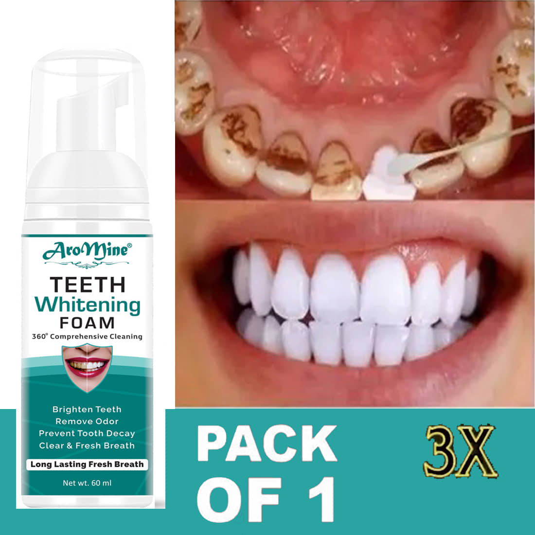 Aromine Teeth Whitening Foam Mouthwash Liquid Mint 60 mL