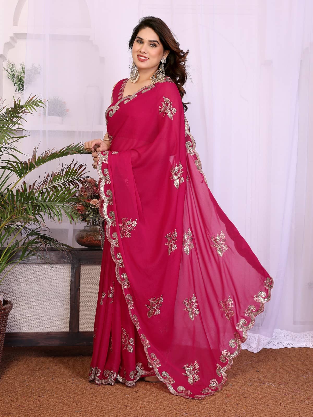 DIKONA DESIGNER Georgette Embroidered Regular Saree With Unstitched Blouse Piece ( Pink ) - Sarees | Buy online on ZillyBuy