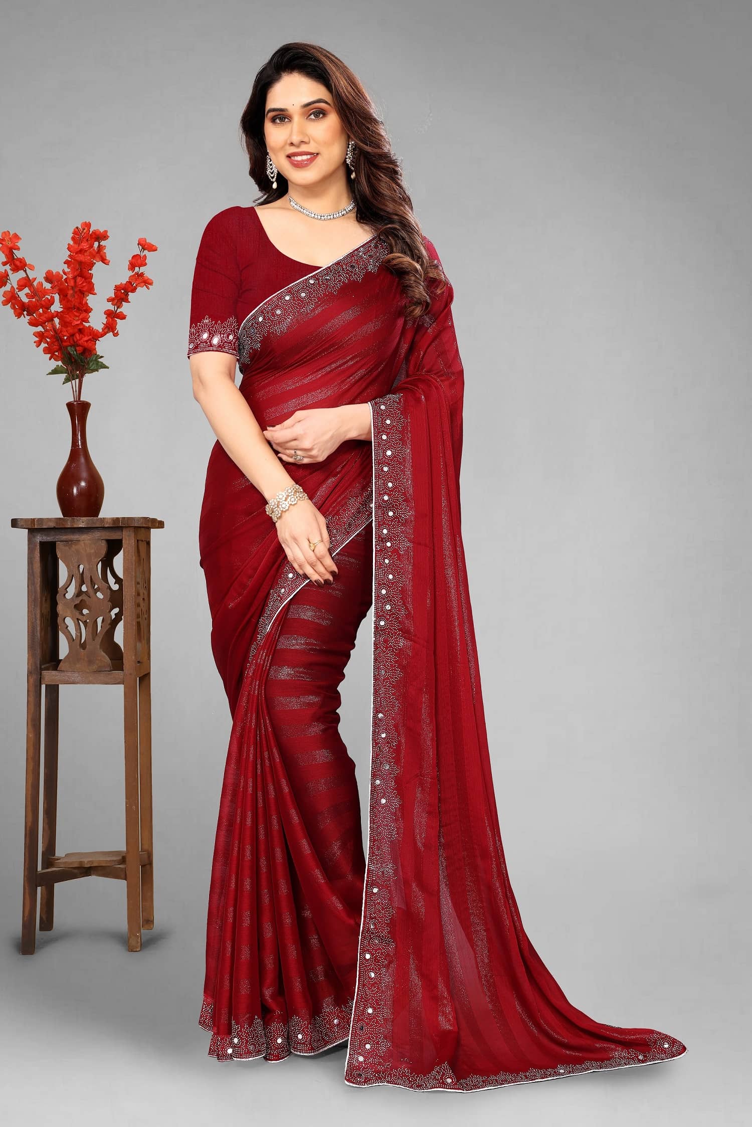 VEERAIVA Georgette Embroidered Bhagalpuri Saree With Unstitched Blouse Piece ( Maroon ) - Sarees | Buy online on ZillyBuy