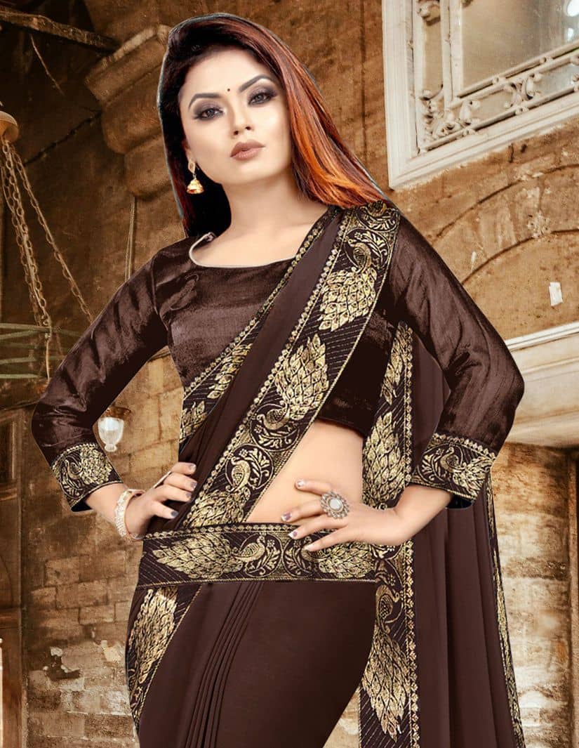 WXW Fashion Lycra Embroidered Regular Saree With Unstitched Blouse Piece ( Brown ) - Sarees | Buy online on ZillyBuy
