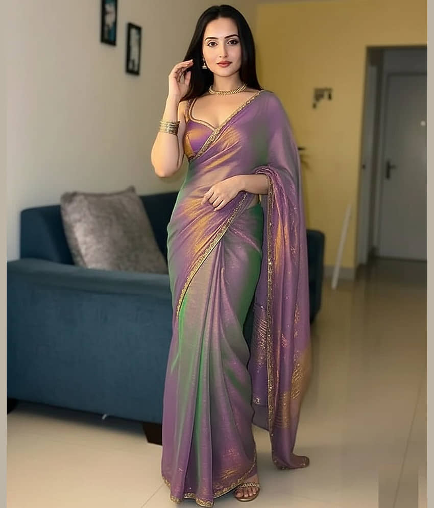 Apnisha Chiffon Self Design Regular Saree Without Blouse Piece ( Purple ) - Sarees | Buy online on ZillyBuy