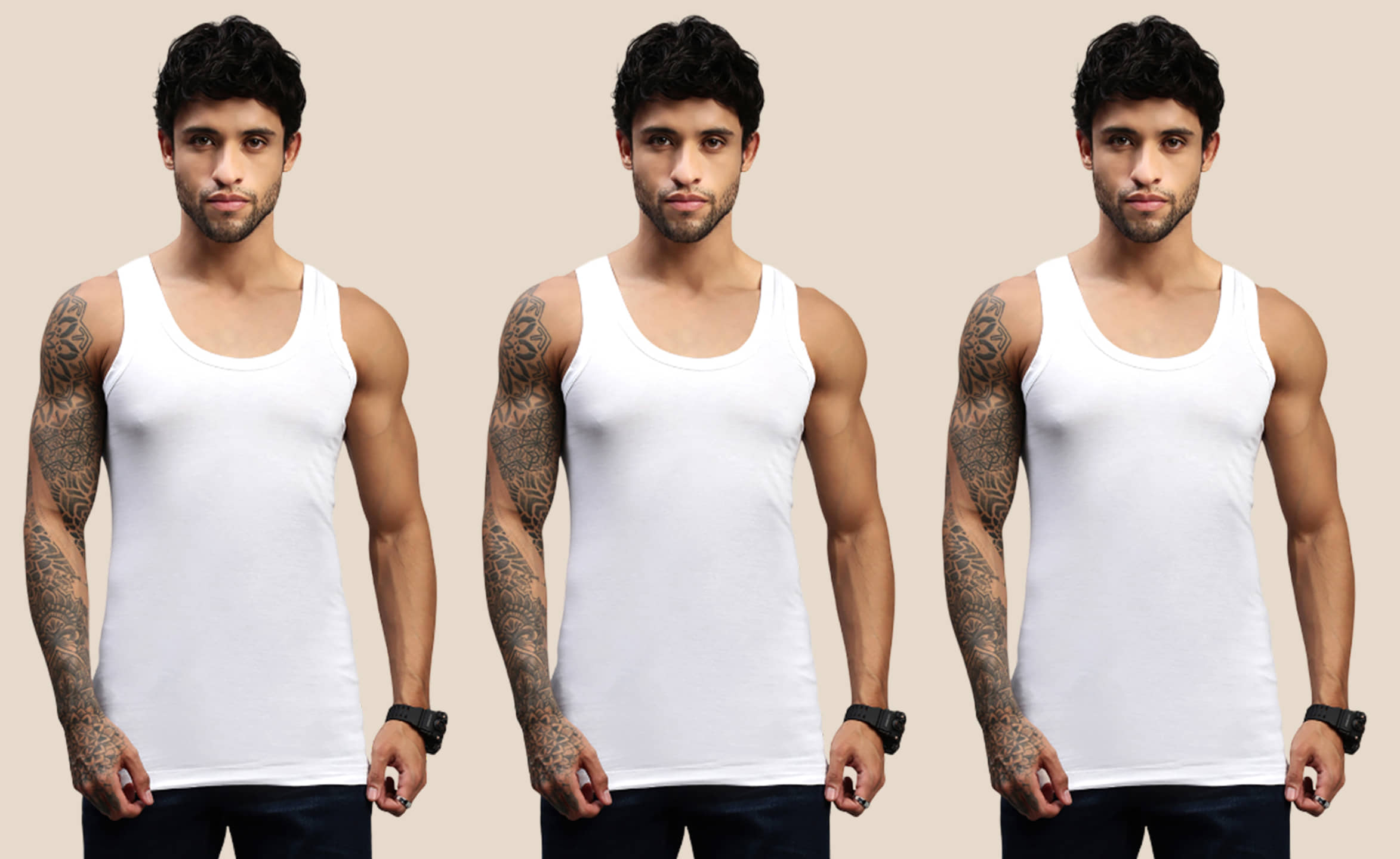 Lux Nitro Pack of 3 Cotton Basic Vest For Men ( White ) - Nightwear & Loungewear | Buy online on ZillyBuy