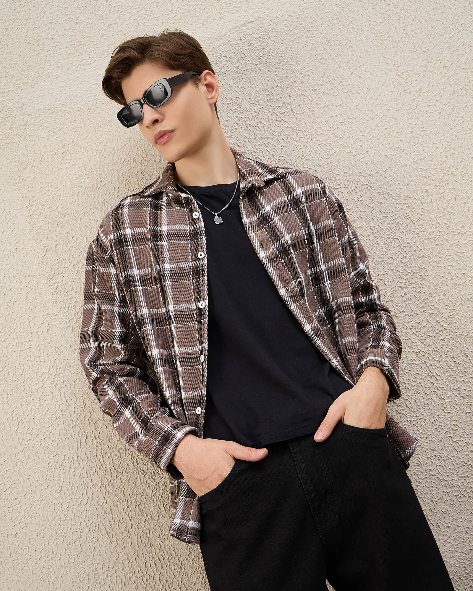 Chimpaaanzee Cotton Blend Oversized Fit Checks Full Sleeves Men's Casual Shirt - Black ( Pack of 1 )