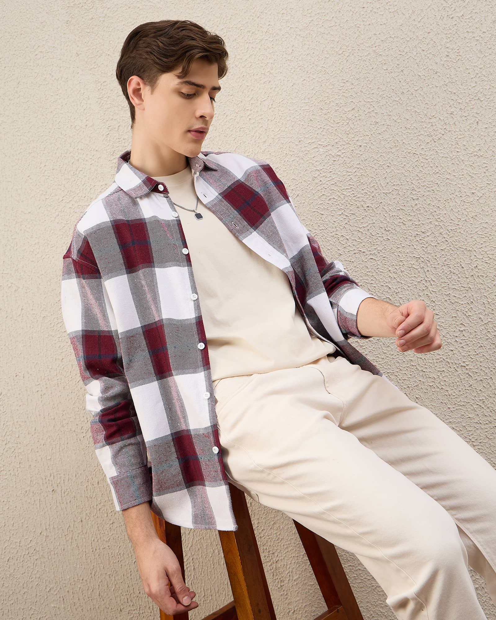 Chimpaaanzee Cotton Blend Oversized Fit Checks Full Sleeves Men's Casual Shirt - Maroon ( Pack of 1 )