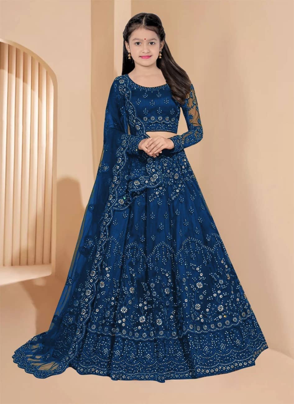Keyura Net Lehenga Choli Set For Girls ( Pack of 1 , Blue )